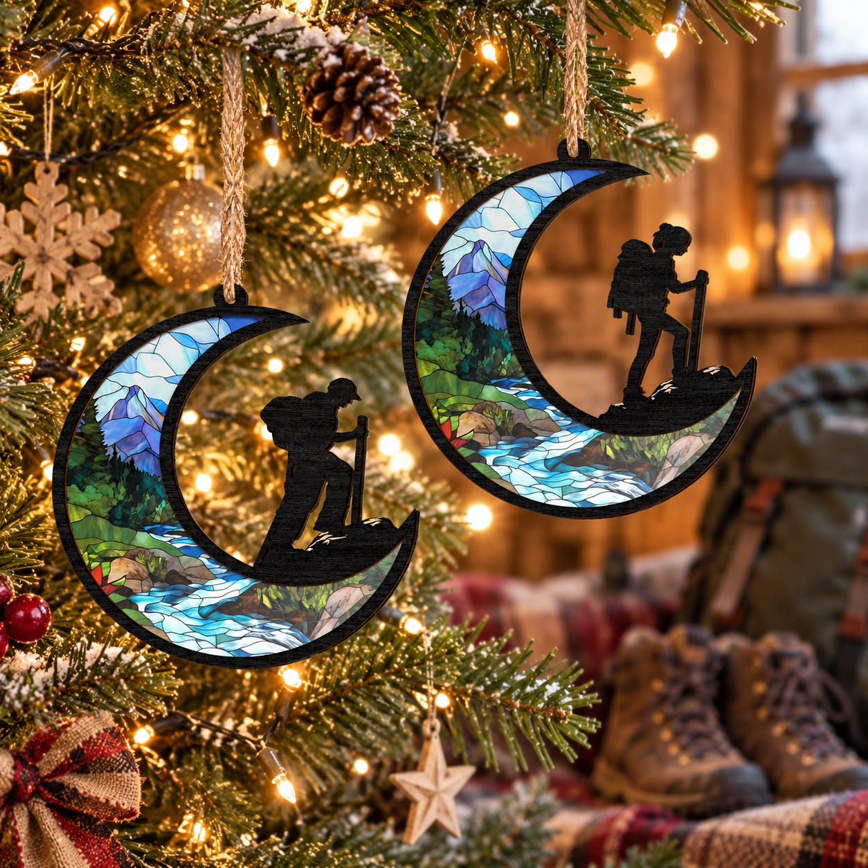 Moon hiker suncatcher ornaments on a Christmas tree with hiking boots and a backpack blurred behind