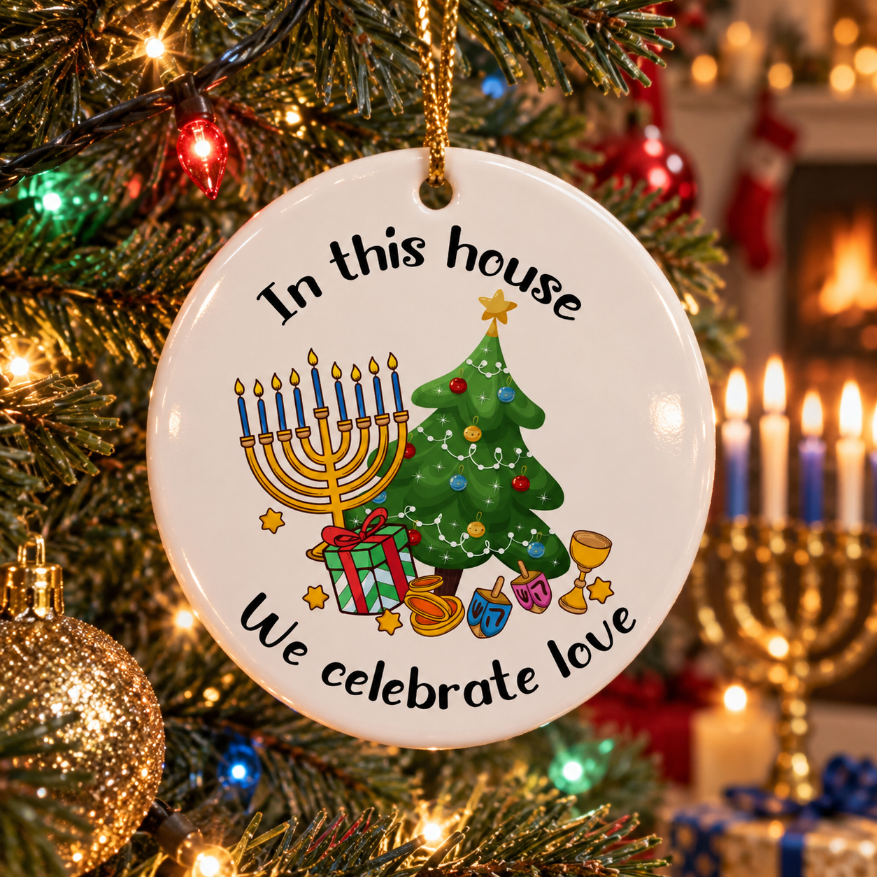 Hanukkah ceramic ornament In this house We celebrate love hanging on a holiday tree