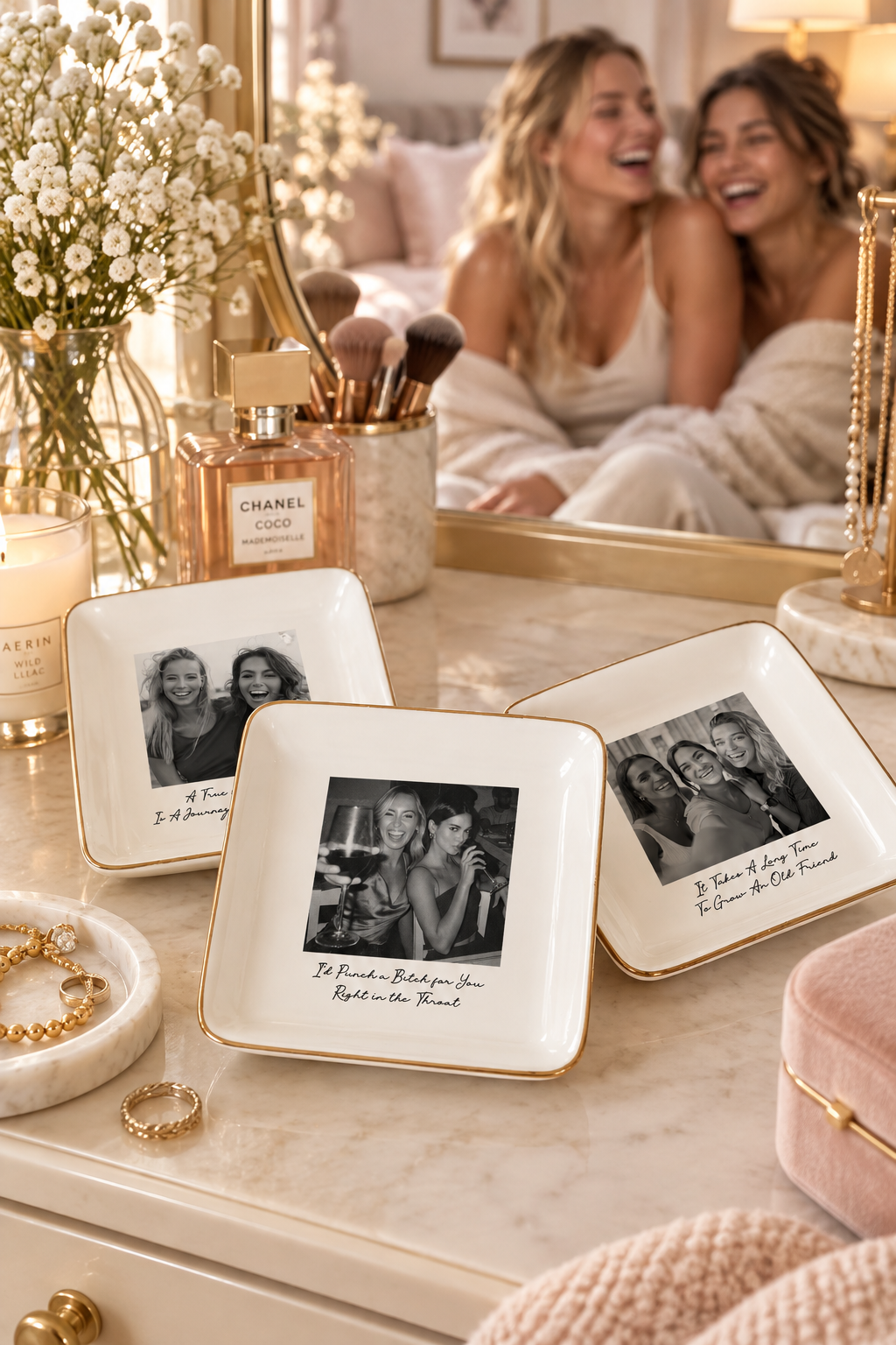 Personalized besties trinket tray jewelry dish on a bedroom vanity with two friends laughing in the background