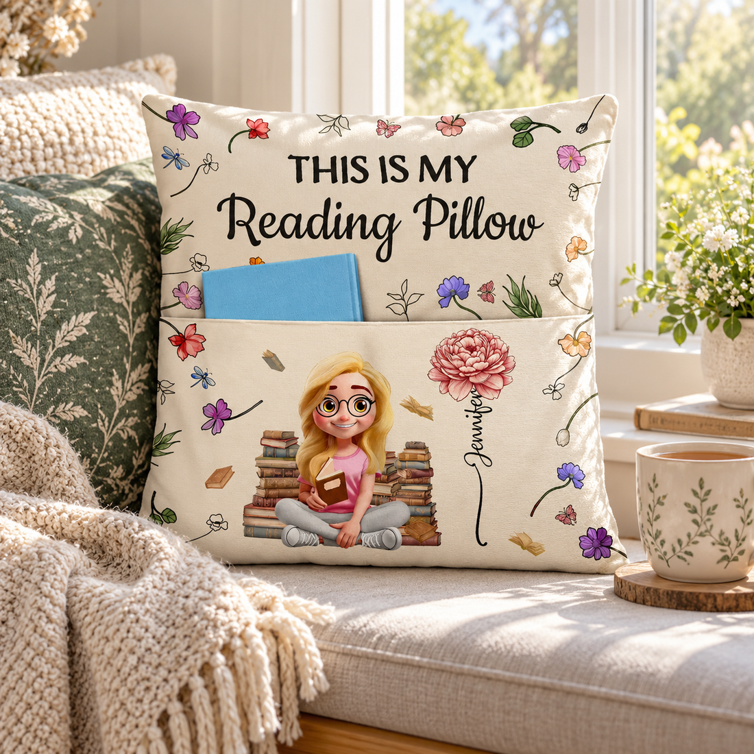 Custom reading pocket pillow with a cartoon girl on books and a birth month flower in a sunny window seat