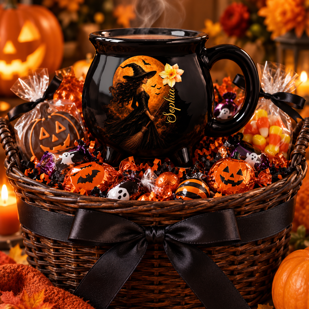 Personalized witch cauldron mug in a Halloween gift basket with candy
