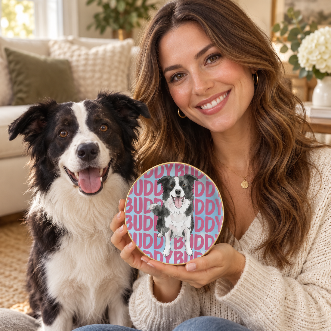 Woman holding a custom pet portrait jewelry dish with her dog beside her