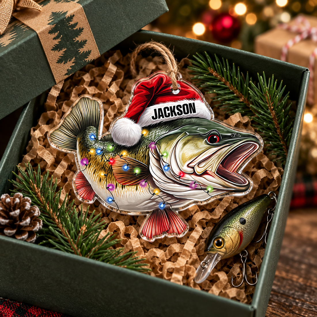 Personalized bass fish ornament in a gift box with a fishing lure and pine sprigs