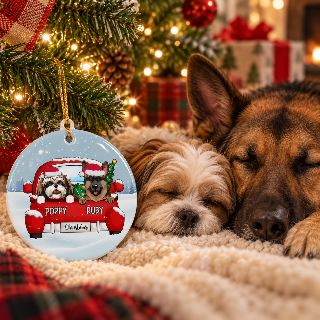 Personalized dog Christmas ornament beside sleeping dogs under the Christmas tree