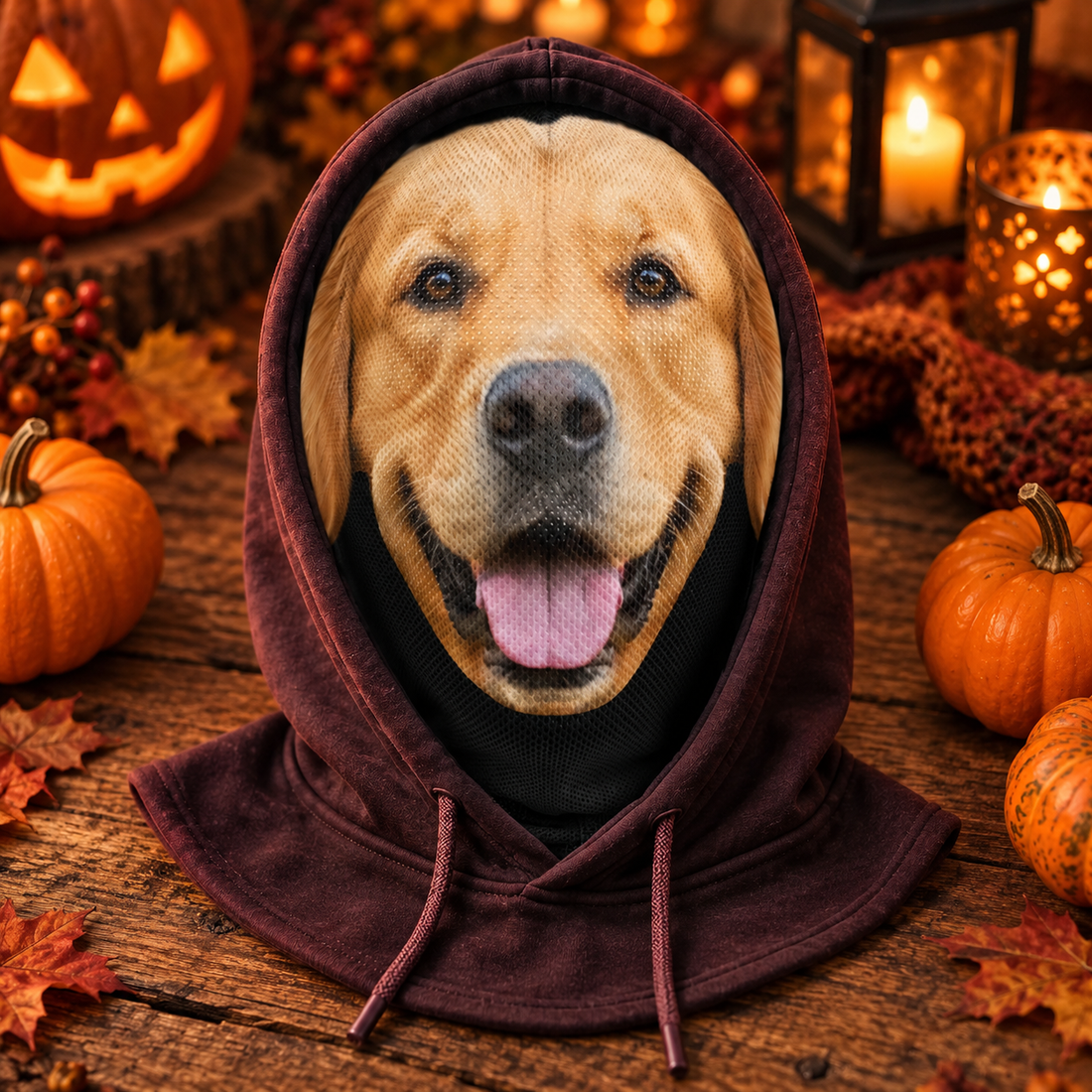 Custom dog face balaclava mask on a table with Halloween pumpkins