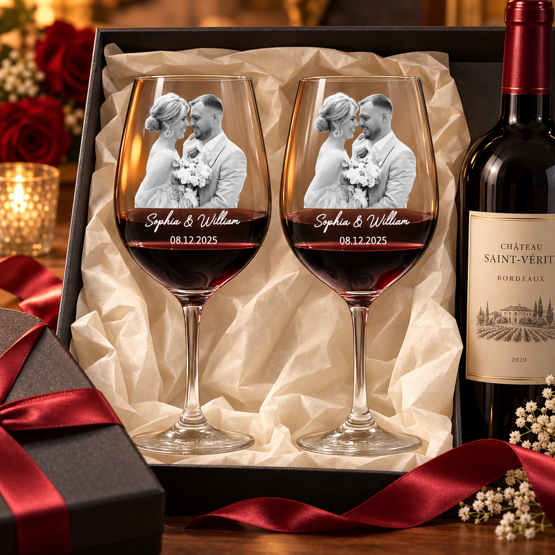 Pair of engraved couple photo wine glasses in a gift box with red wine and ribbon