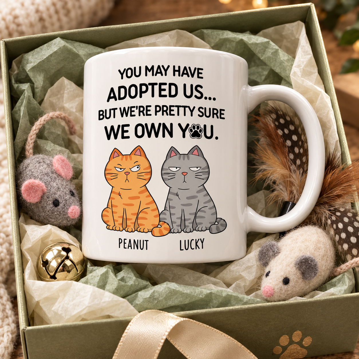 Personalized cat mug in a gift box with cat toys, a gift for cat lovers