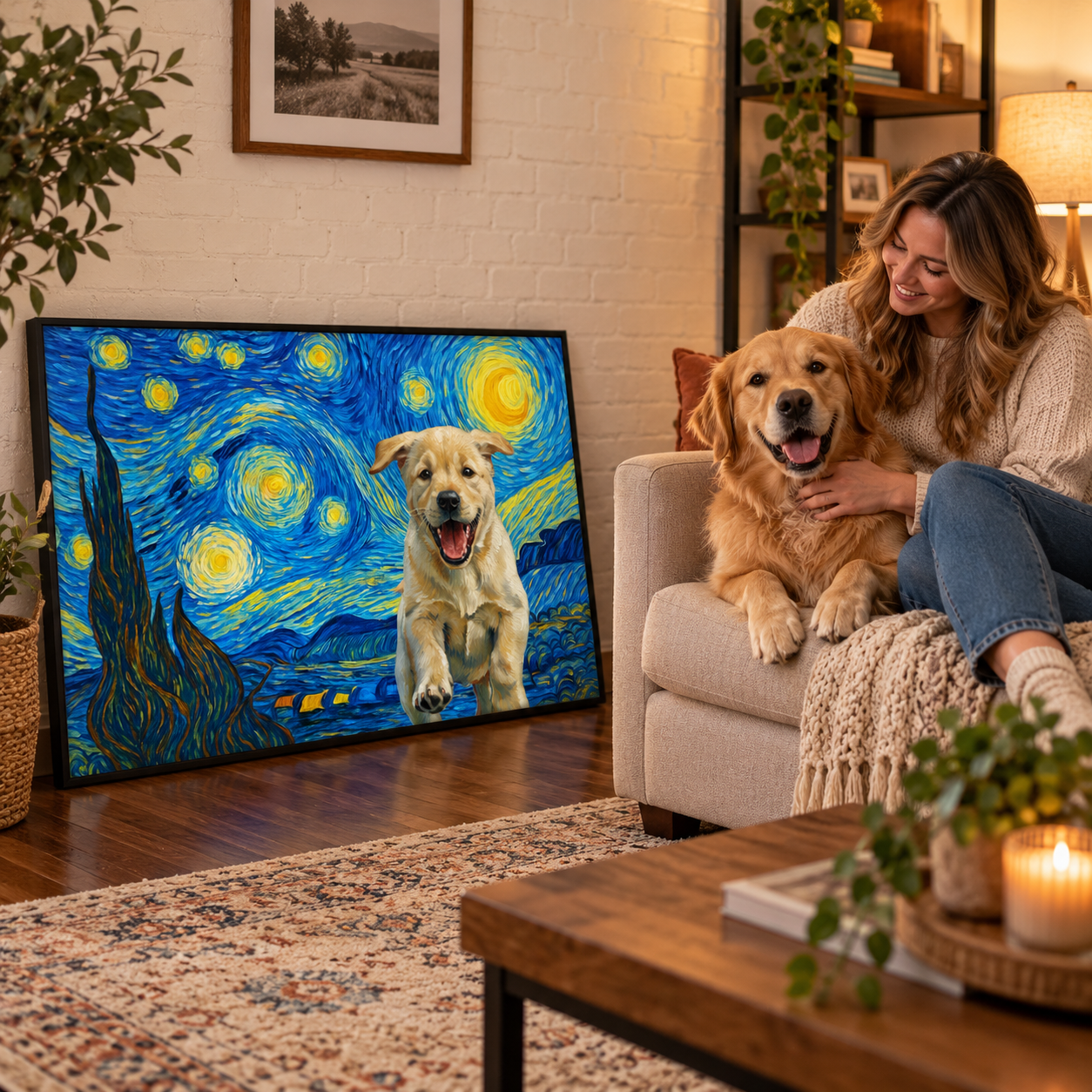 Woman petting her golden retriever beside a Starry Night style pet canvas print