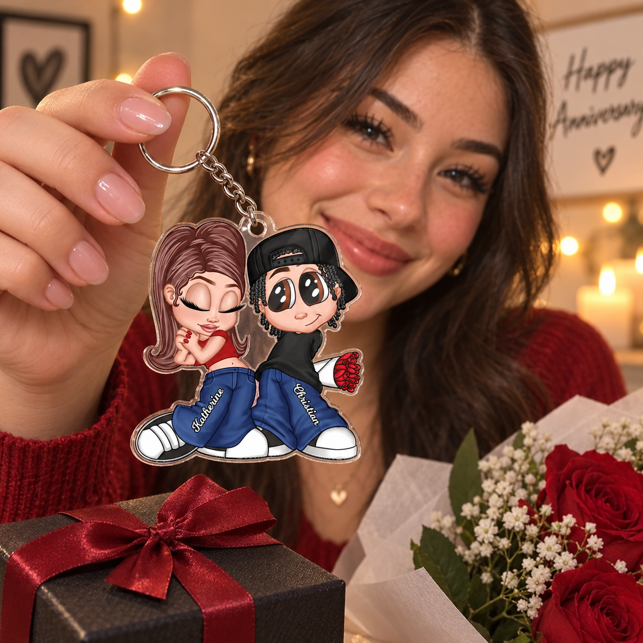 Woman holding a personalized Y2K couple acrylic keychain with an anniversary gift and roses