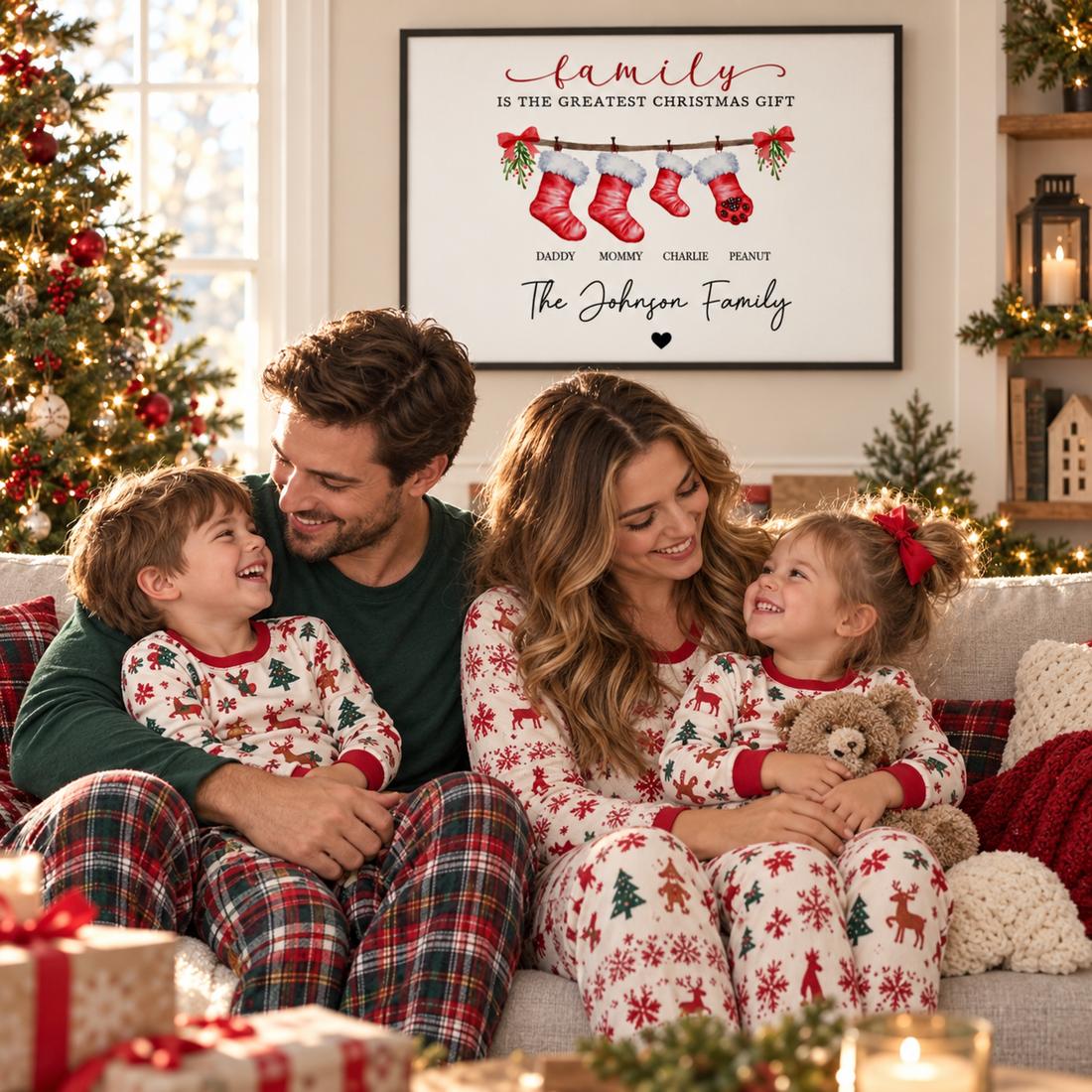 Parents and kids in Christmas pajamas on a sofa with a personalized family stocking canvas behind