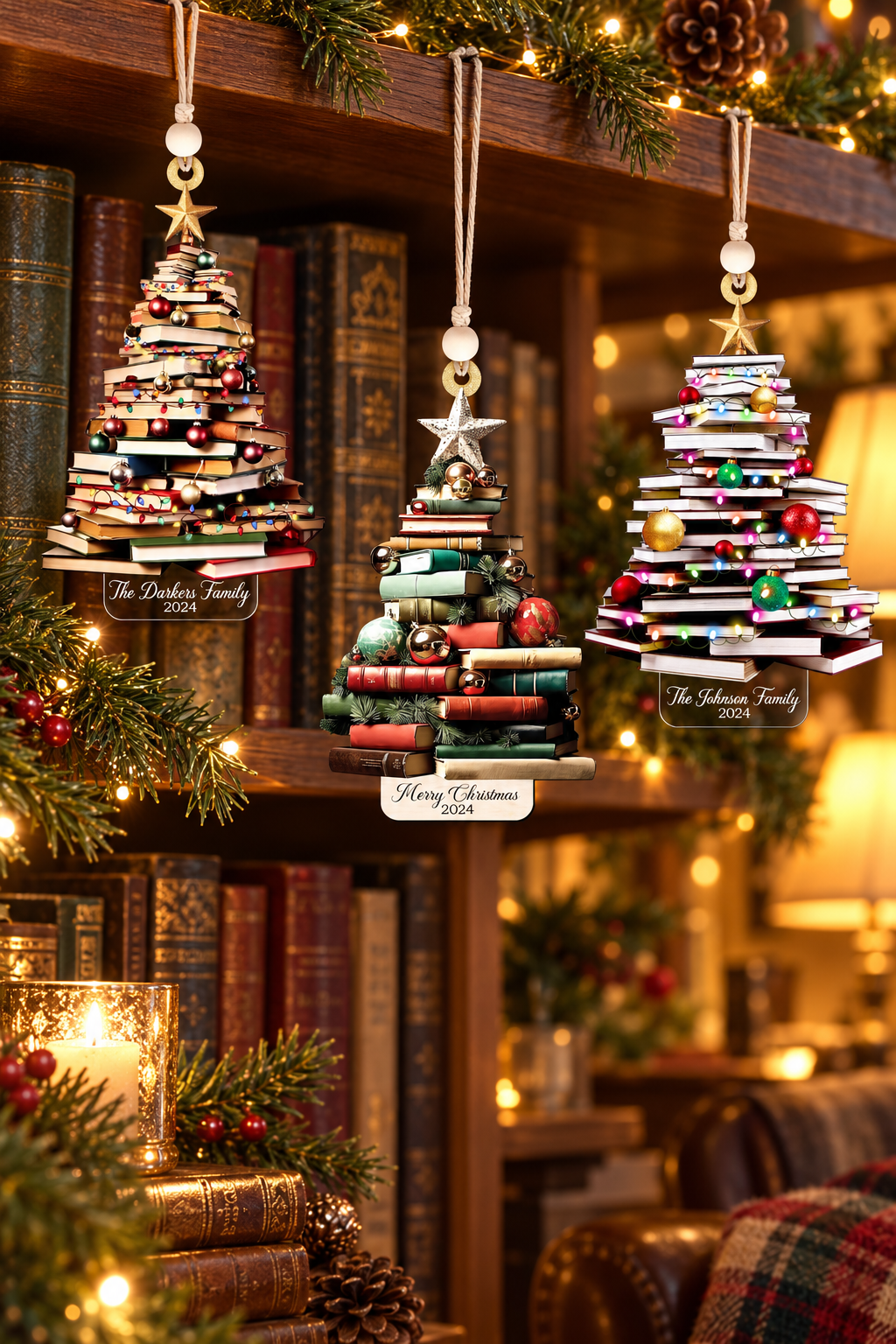 Personalized book stack Christmas tree ornaments hanging on a cozy library bookshelf