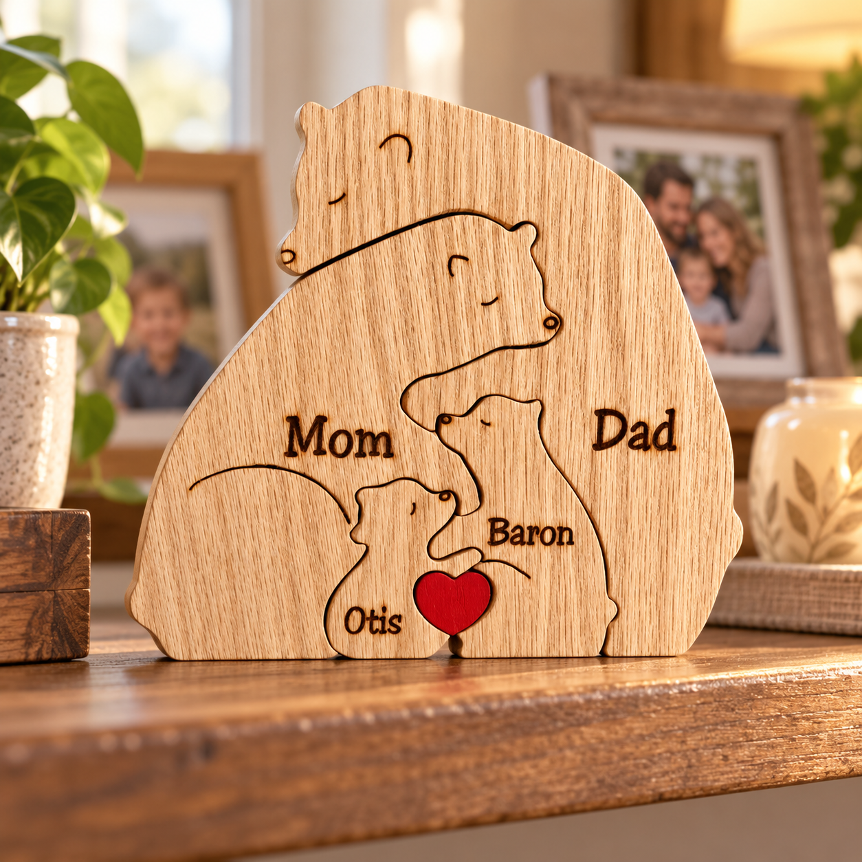 Personalized wooden bear family puzzle on a living room shelf beside family photos