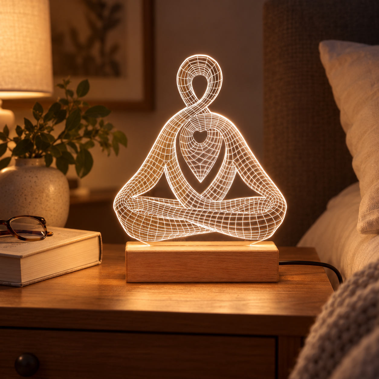 Meditation pose acrylic LED lamp glowing on a bedside table
