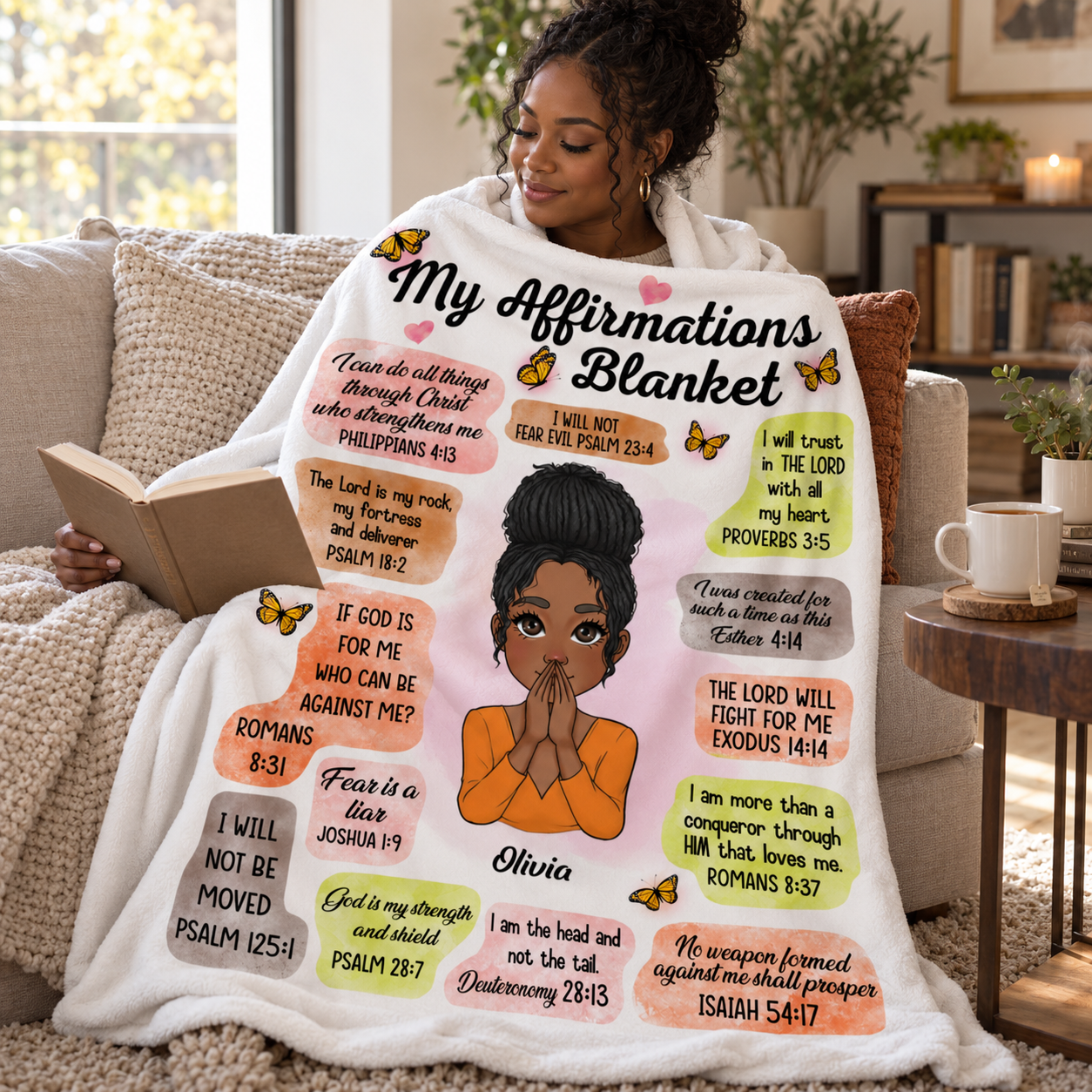 Woman wrapped in a My Affirmations custom blanket on a sofa reading with tea