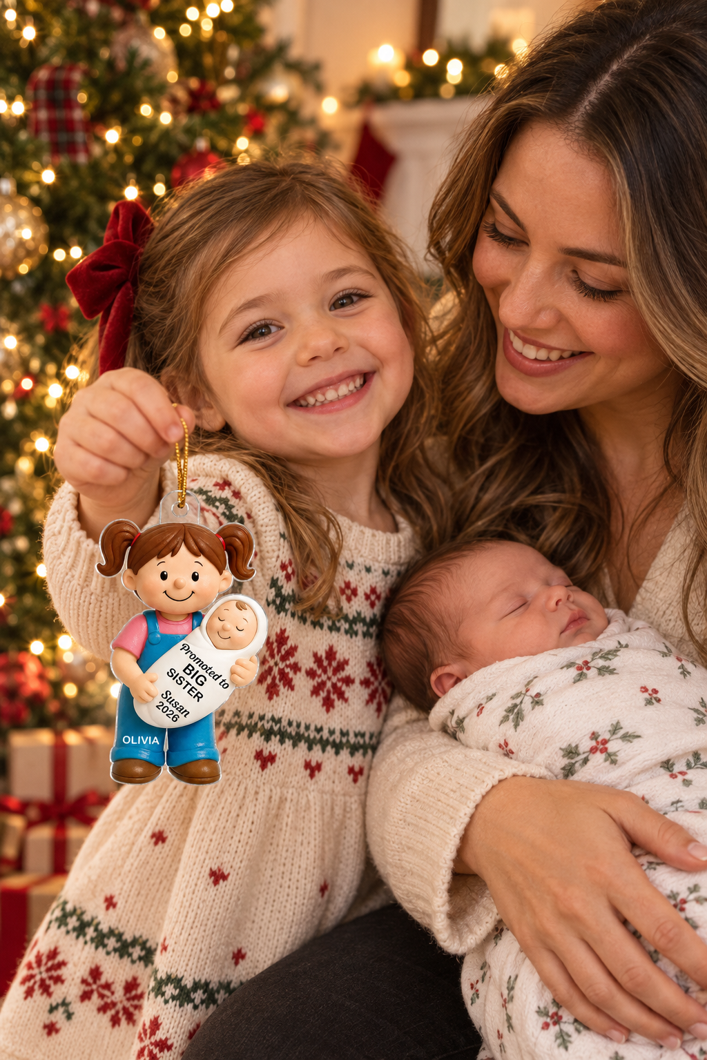 Mother and daughter holding a personalized big sister ornament with a newborn by the tree