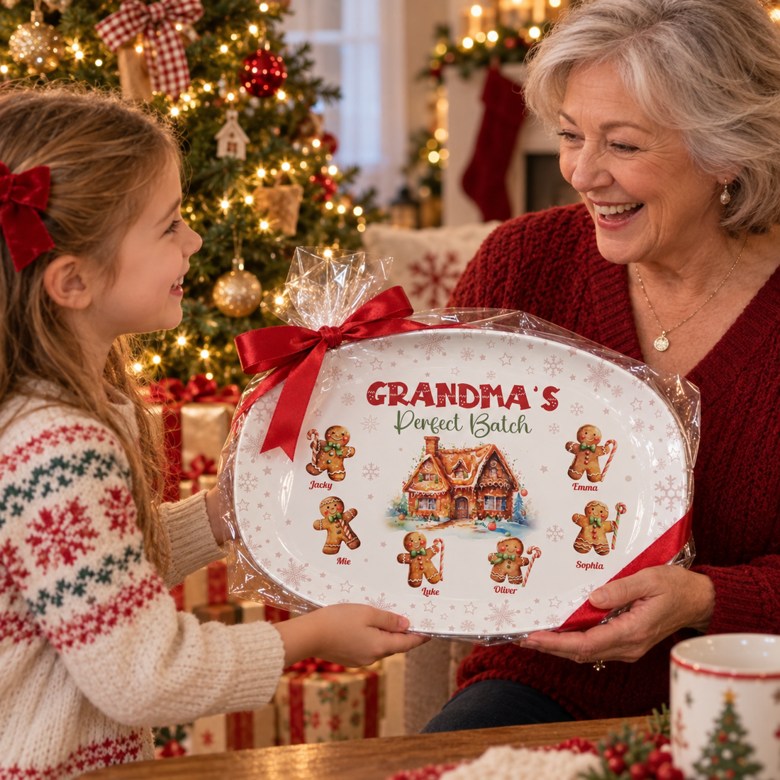 Personalized Grandma's Perfect Batch platter gift wrapped with ribbon given to grandma at Christmas