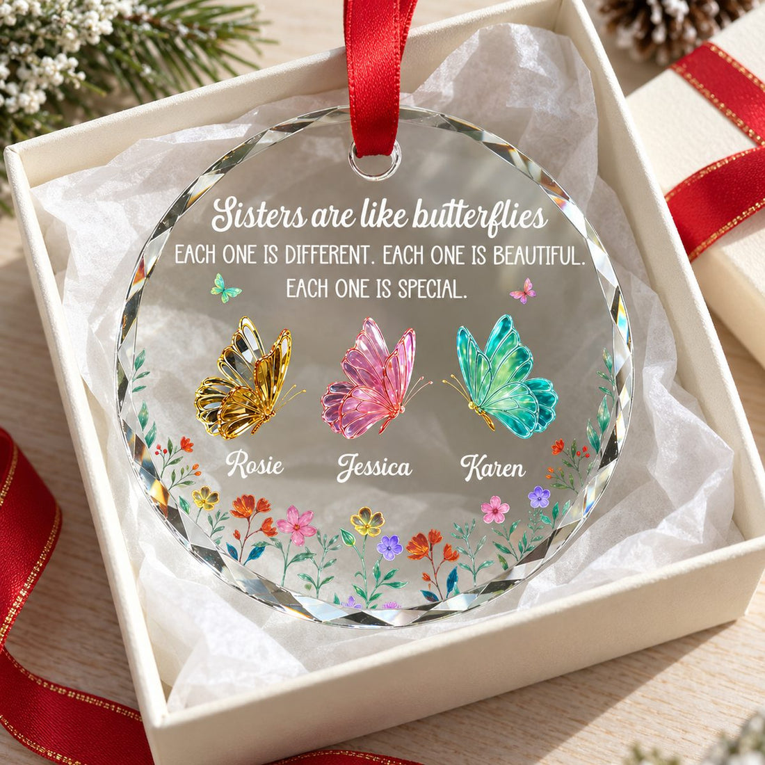 Festive Sister Love Circle Glass Ornament in a gift box with a ribbon, ready to be given.