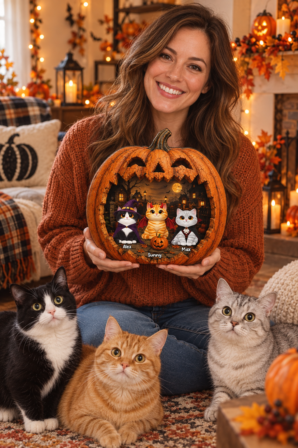 Woman holding a personalized pumpkin cats plaque with her cats at Halloween