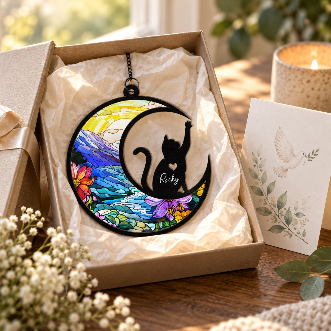 Pet loss memorial suncatcher in a gift box with tissue paper beside a sympathy card