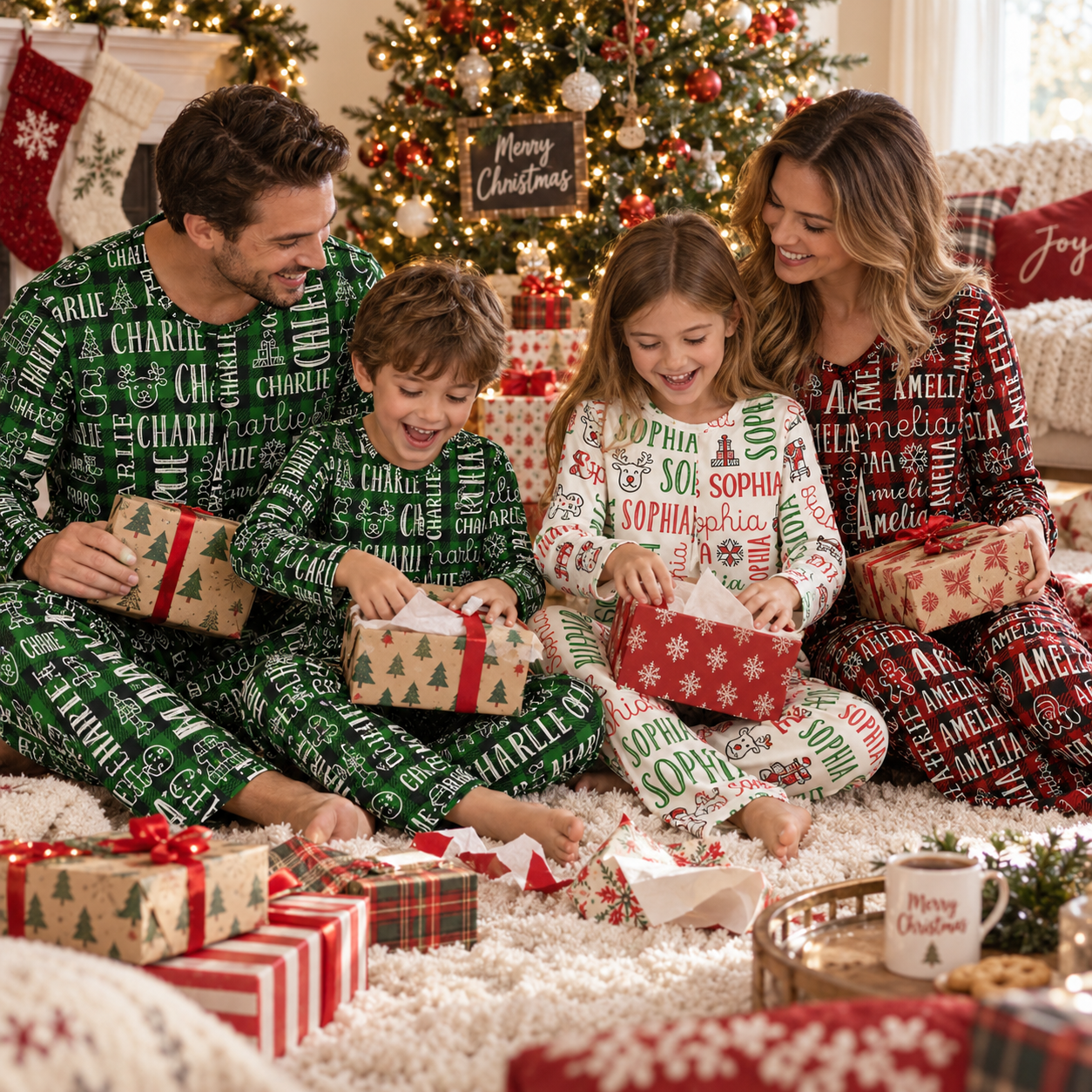 Family opening gifts on Christmas morning in personalized name print pajamas