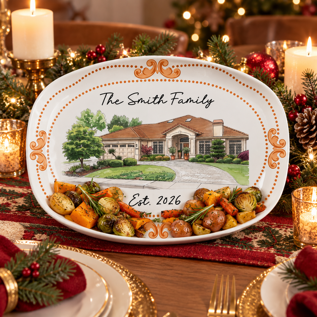 Personalized house platter set on a Christmas dinner table with roasted vegetables and candles