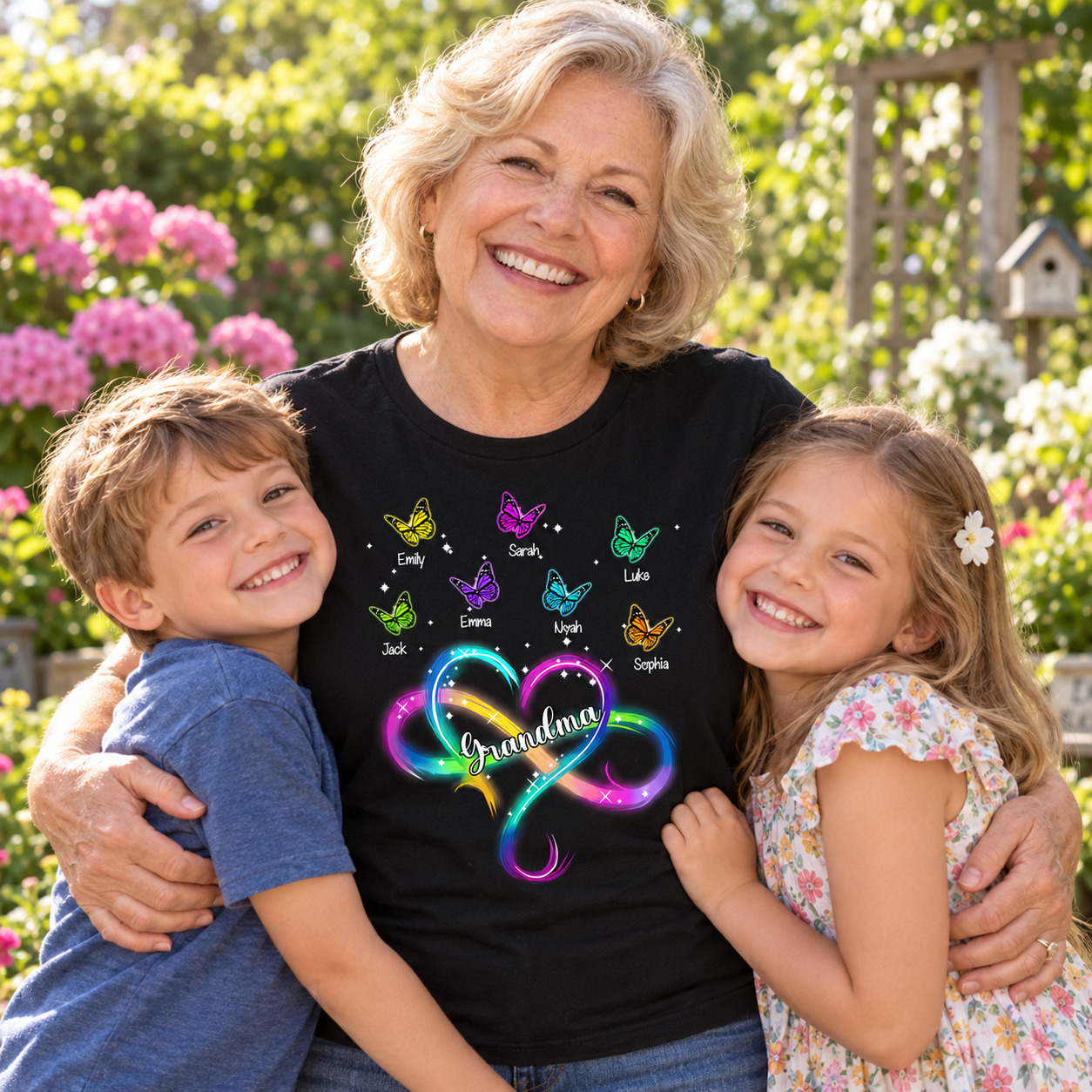 Grandma in a custom infinity heart butterfly t-shirt hugging two grandkids in a garden
