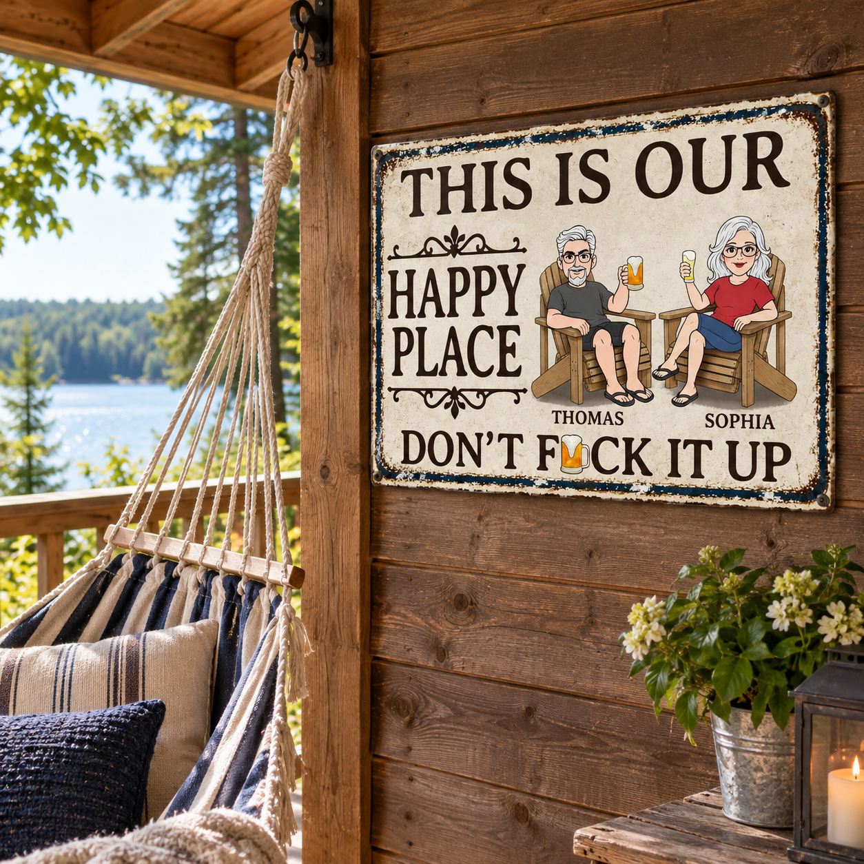 Personalized couple metal sign hung on a lake cabin porch beside a hammock
