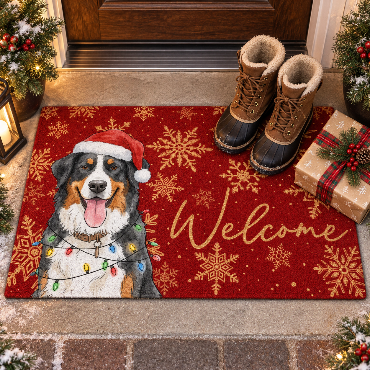 Personalized red Christmas dog doormat with boots and a gift box