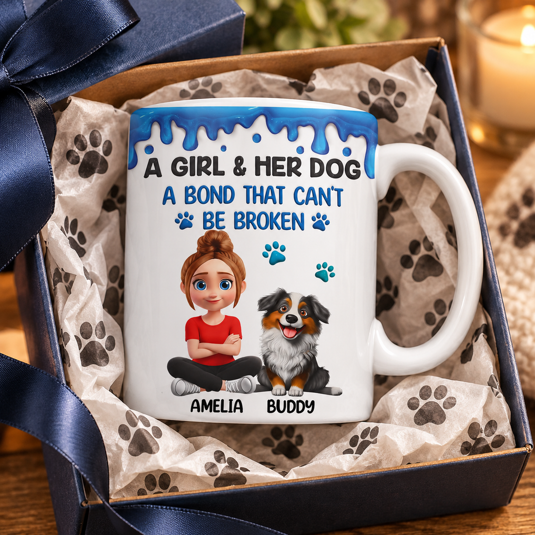 Custom girl and her dog mug in a gift box with paw print wrapping paper