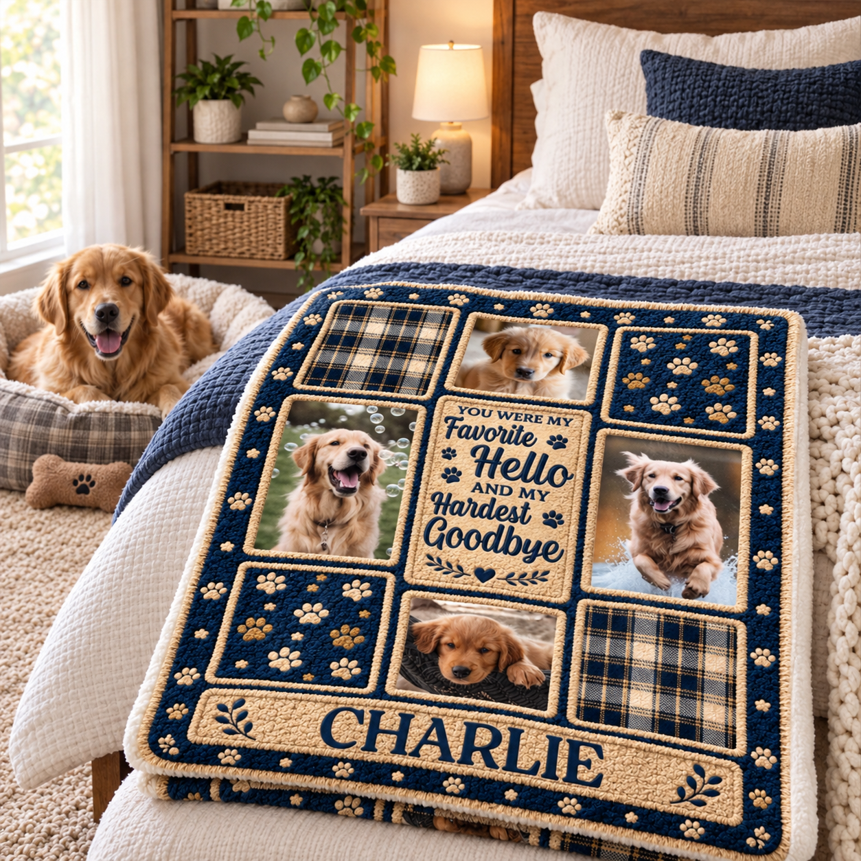 Custom dog photo blanket with name Charlie folded on a bed beside a dog bed
