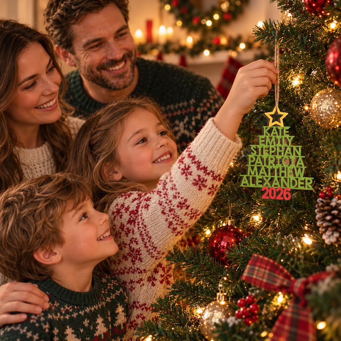 Family decorating the Christmas tree as a child hangs a personalized wooden names ornament