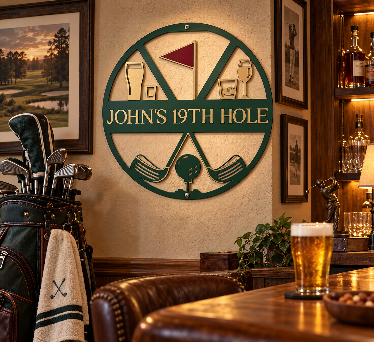 Custom 19th Hole metal bar sign hanging on a home bar wall beside a golf bag and a beer