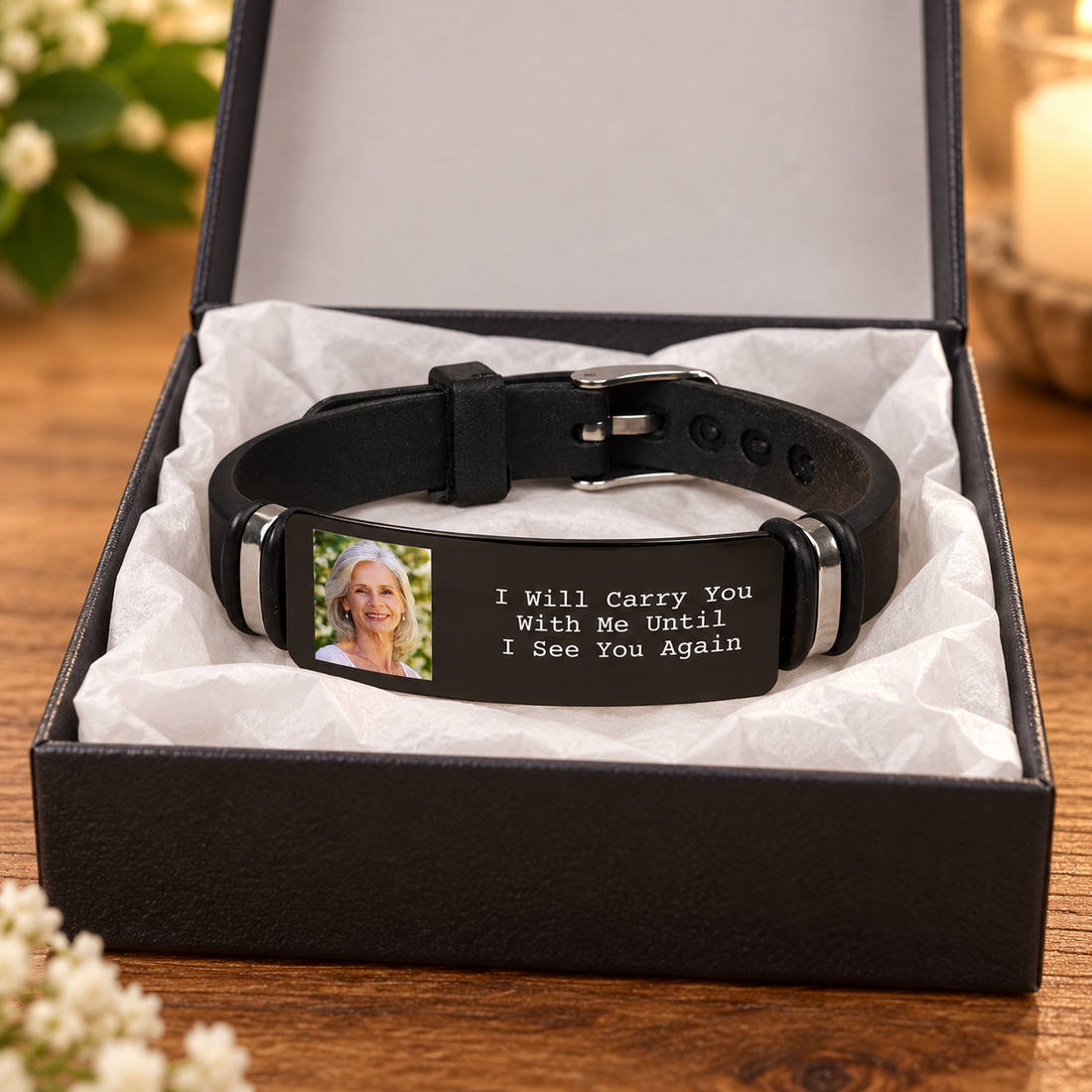 Personalized memorial photo bracelet in an open gift box with tissue paper