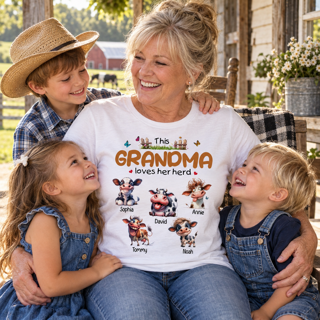 Grandma in a personalized This Grandma Loves Her Herd cow t-shirt with grandkids on a farm porch