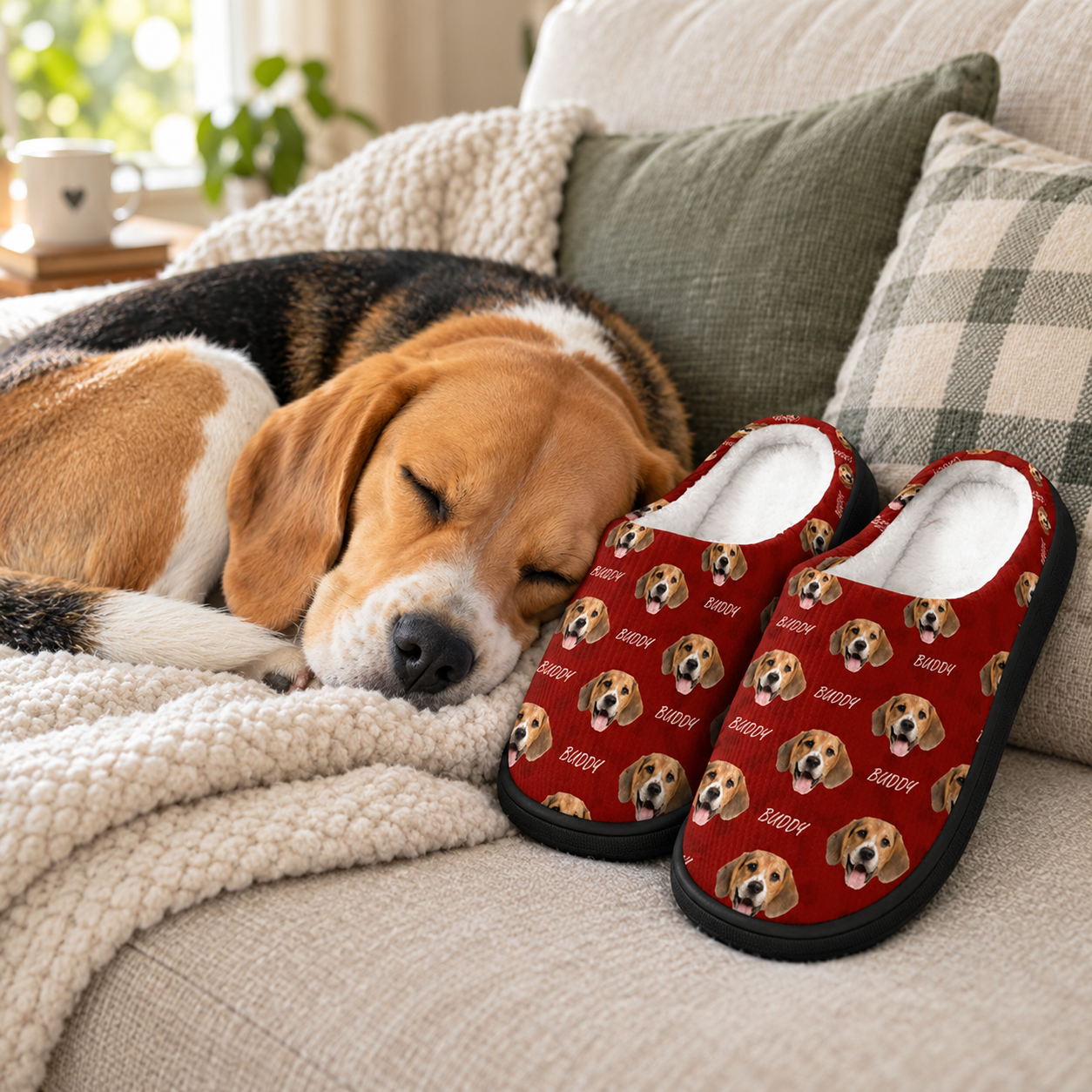 Sleeping beagle beside personalized red plush slippers with dog face print