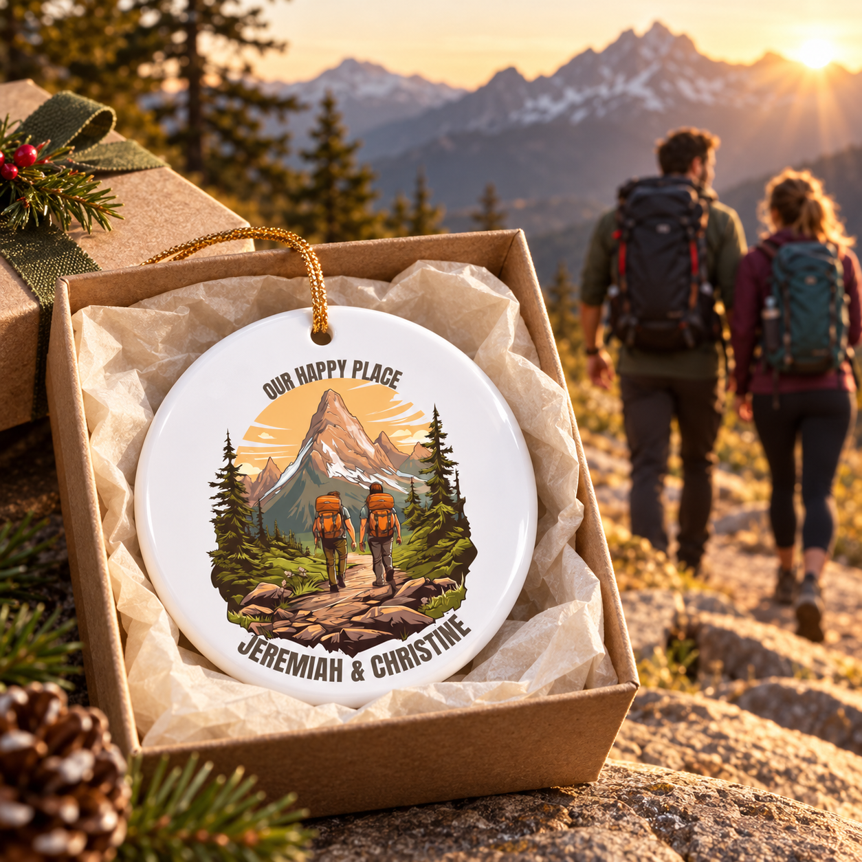 Hiking couple on a mountain trail at sunrise with a personalized ceramic ornament gift box