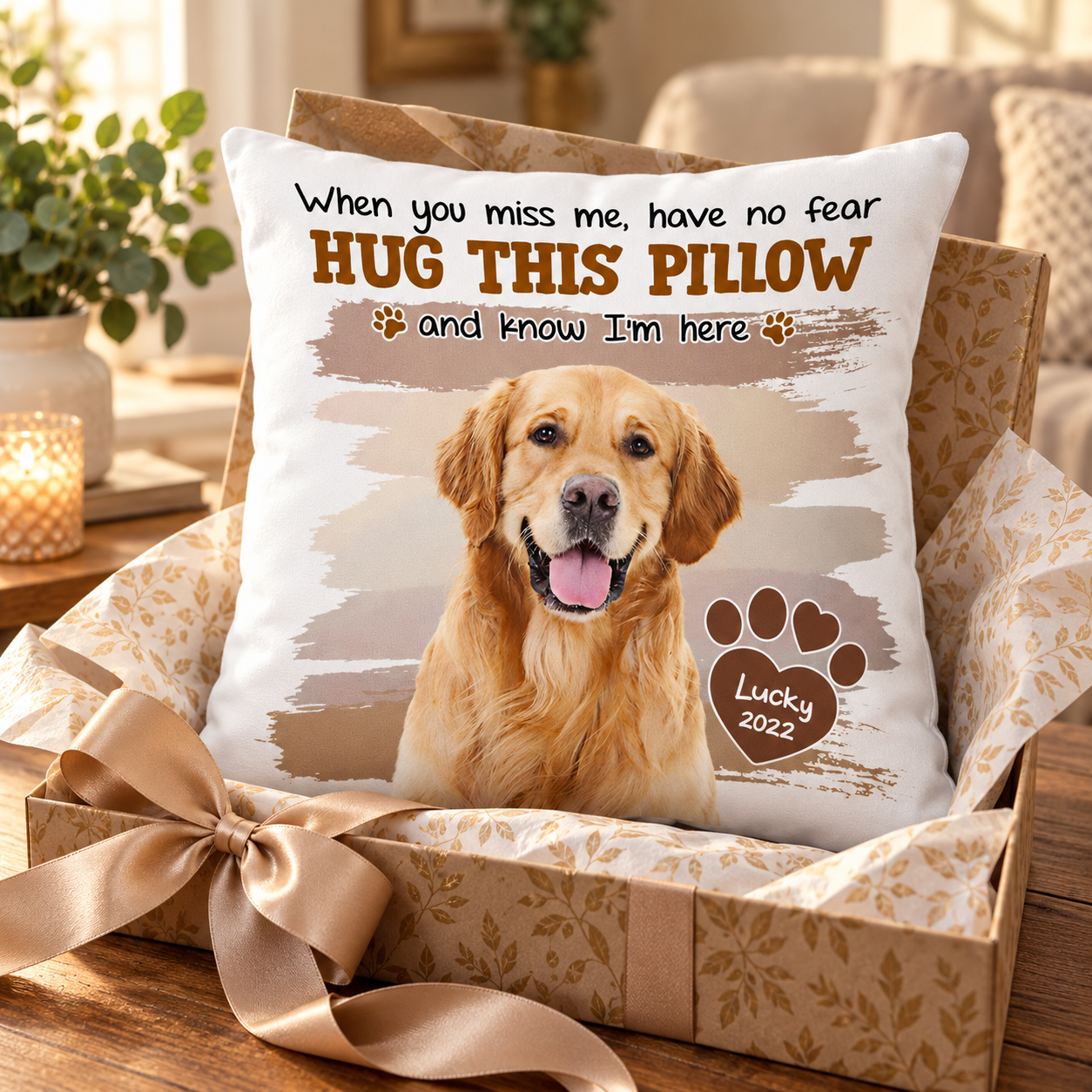 Custom pet memorial pillow presented as a gift with ribbon on a table