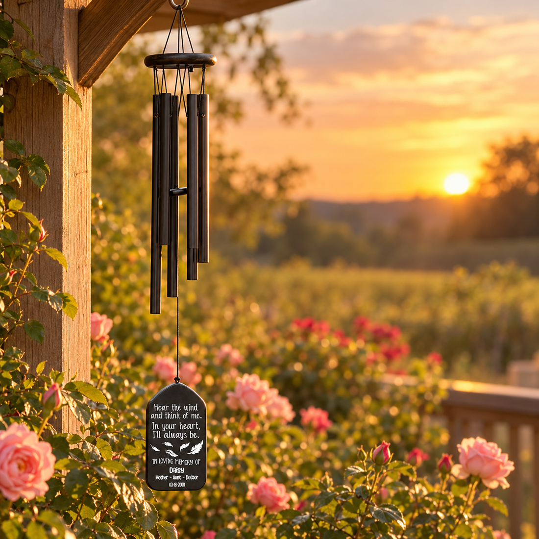 Personalized memorial wind chime hanging on a porch by a rose garden at sunset