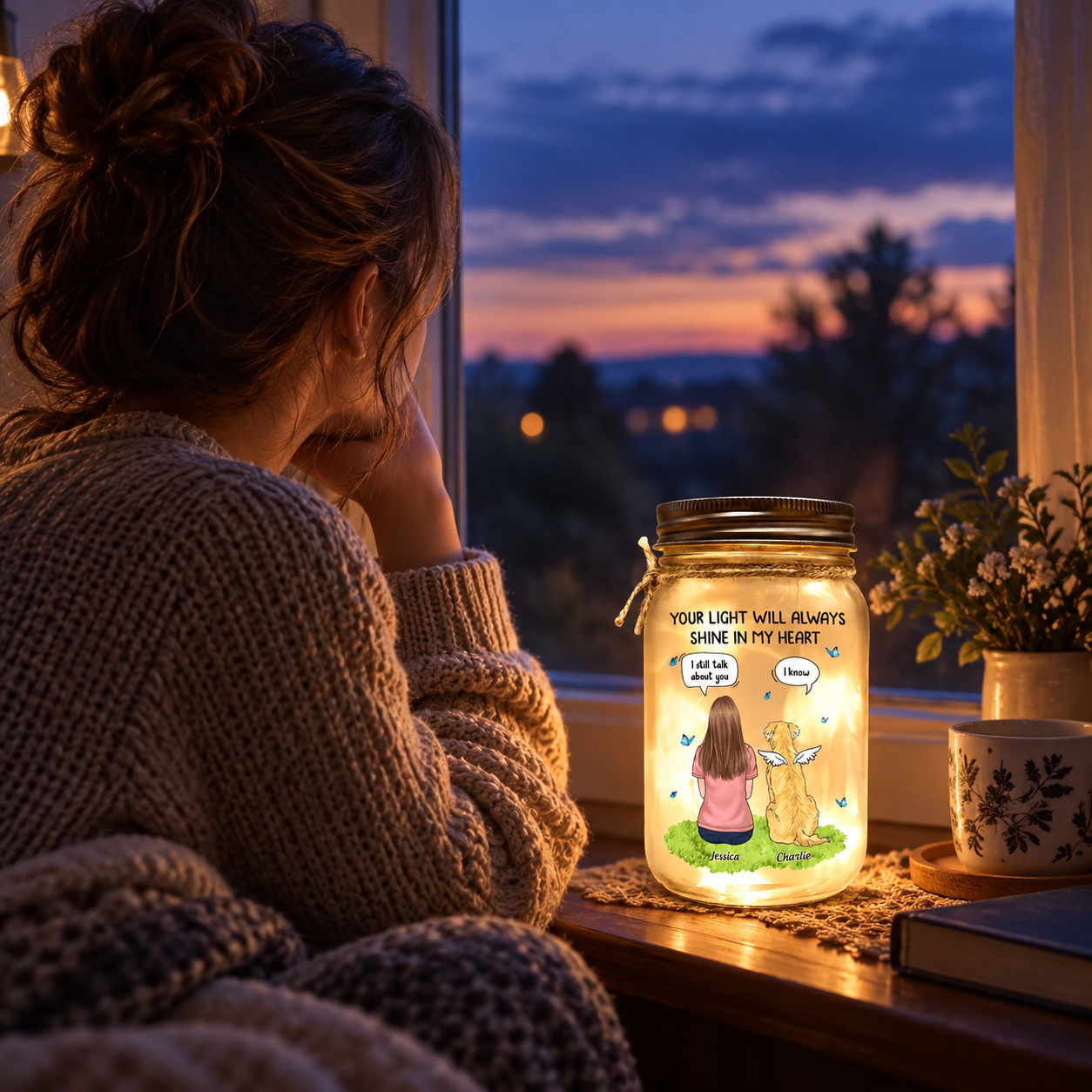 Woman sitting by a window at dusk with a pet memorial mason jar light glowing beside her