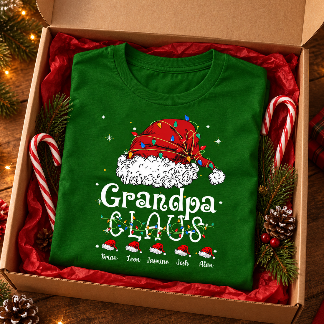 Personalized Grandpa Claus Christmas t-shirt in a gift box with candy canes