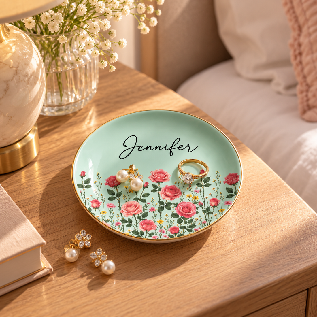Personalized birth flower name jewelry dish on a bedside table with earrings and a ring