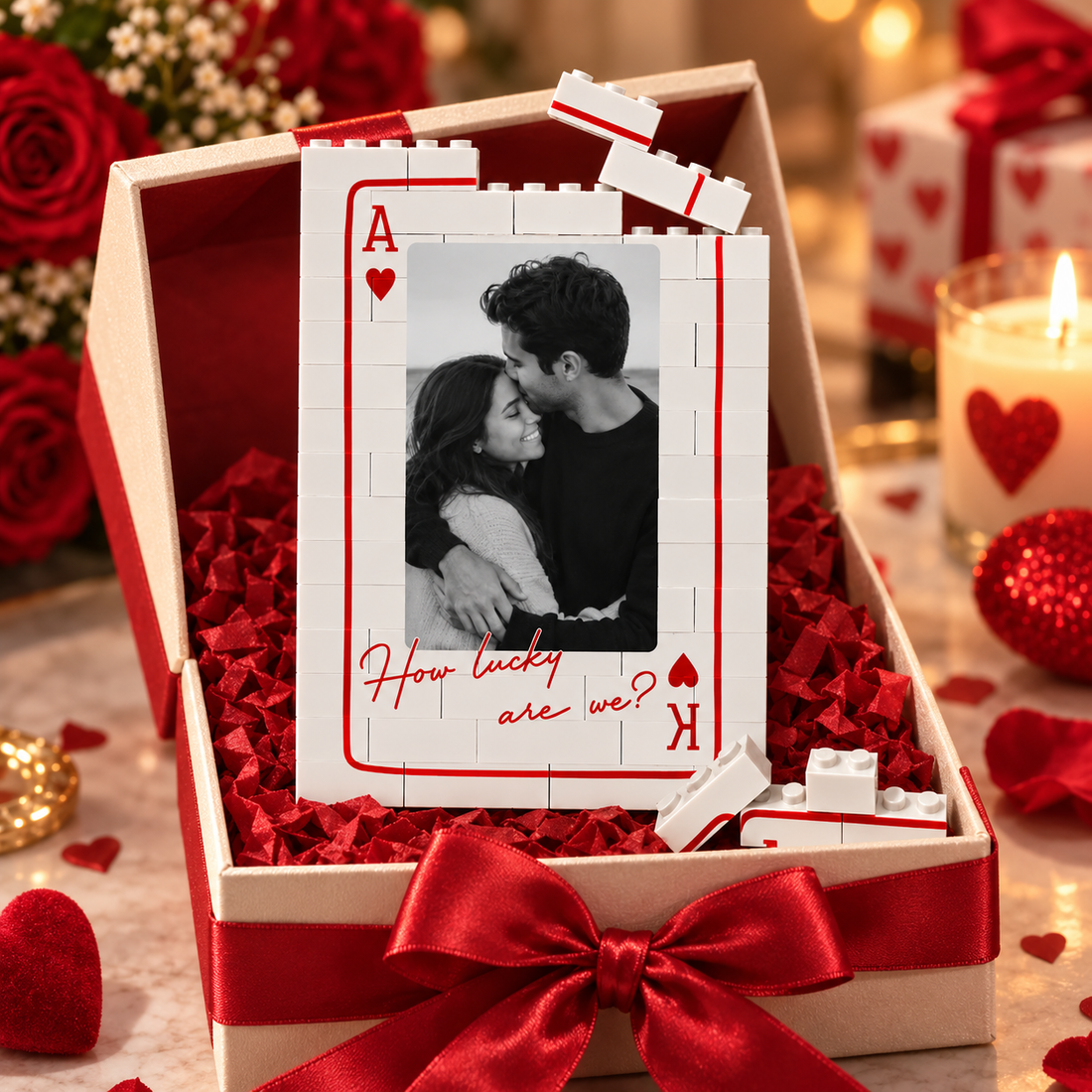 Personalized brick card frame in a gift box with red ribbon for Valentine's Day