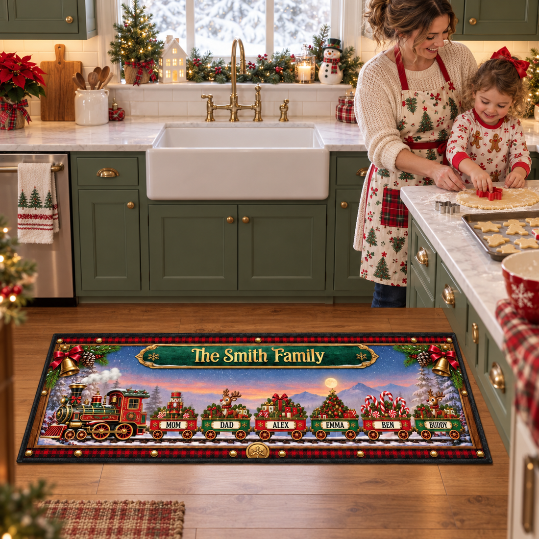 Mom and child baking cookies in a kitchen on a personalized Christmas train runner rug