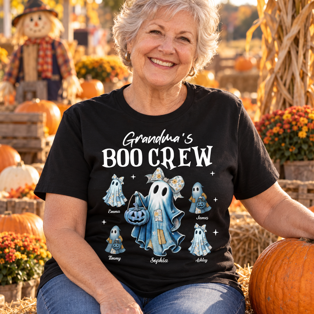 Grandma wearing the personalized Boo Crew ghost Halloween t-shirt at a pumpkin patch