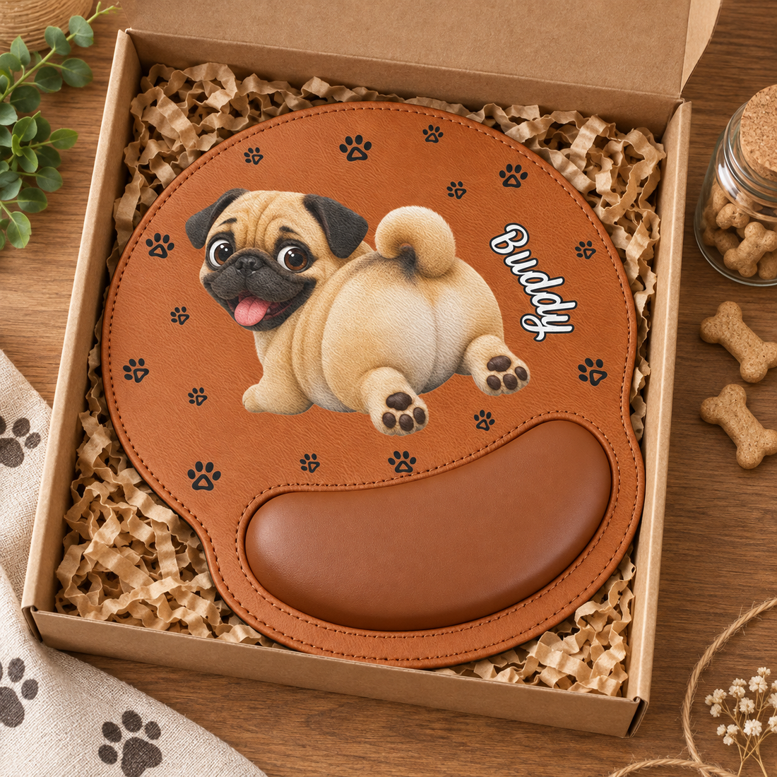 Custom pug wrist rest mouse pad in a gift box with dog treats, a gift for dog lovers