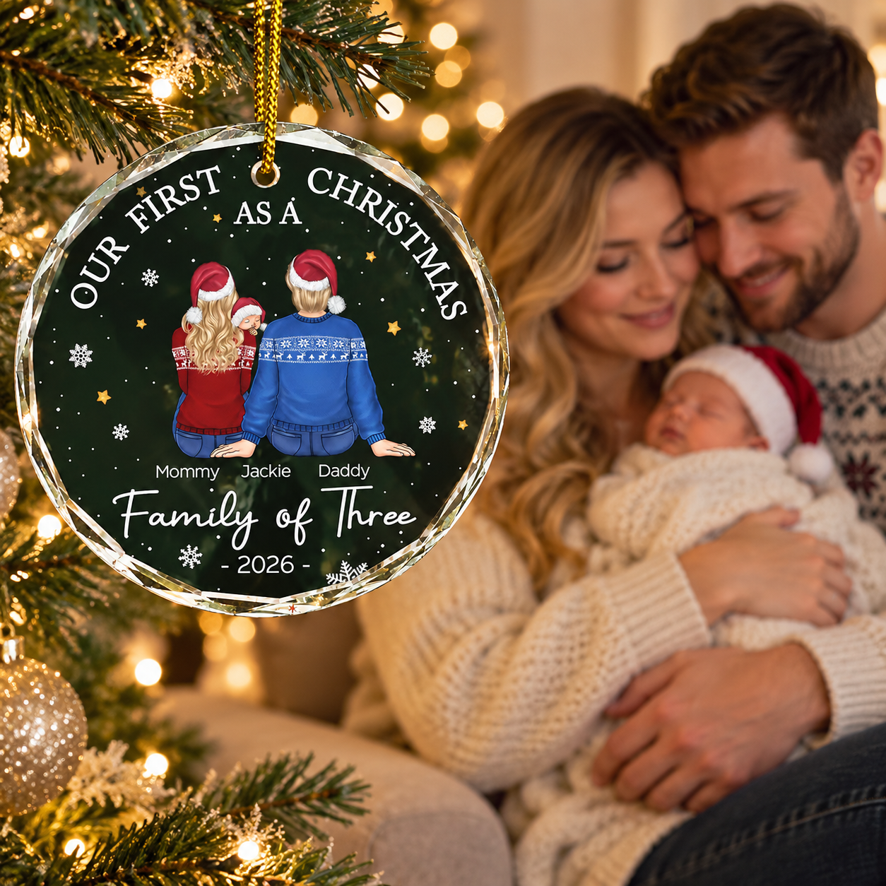 New parents holding their baby by the Christmas tree with a first Christmas glass ornament