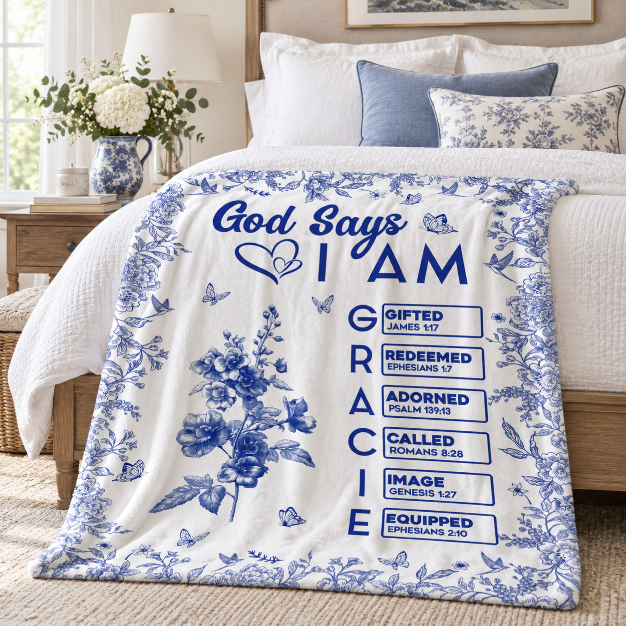 Blue toile God Says I Am name blanket draped on a made bed with flowers