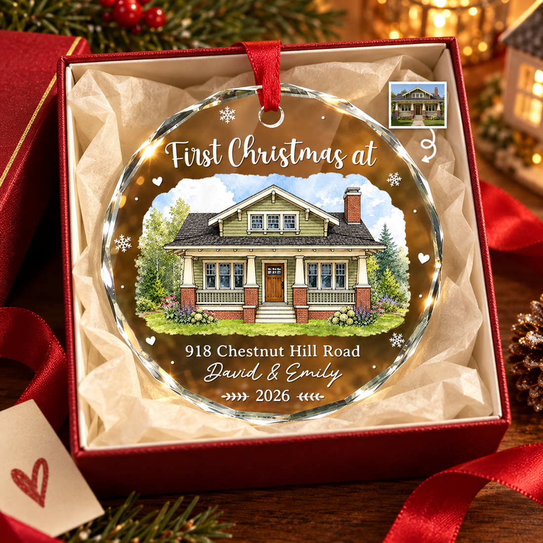 New home custom glass ornament in a red gift box with tissue, a housewarming Christmas gift
