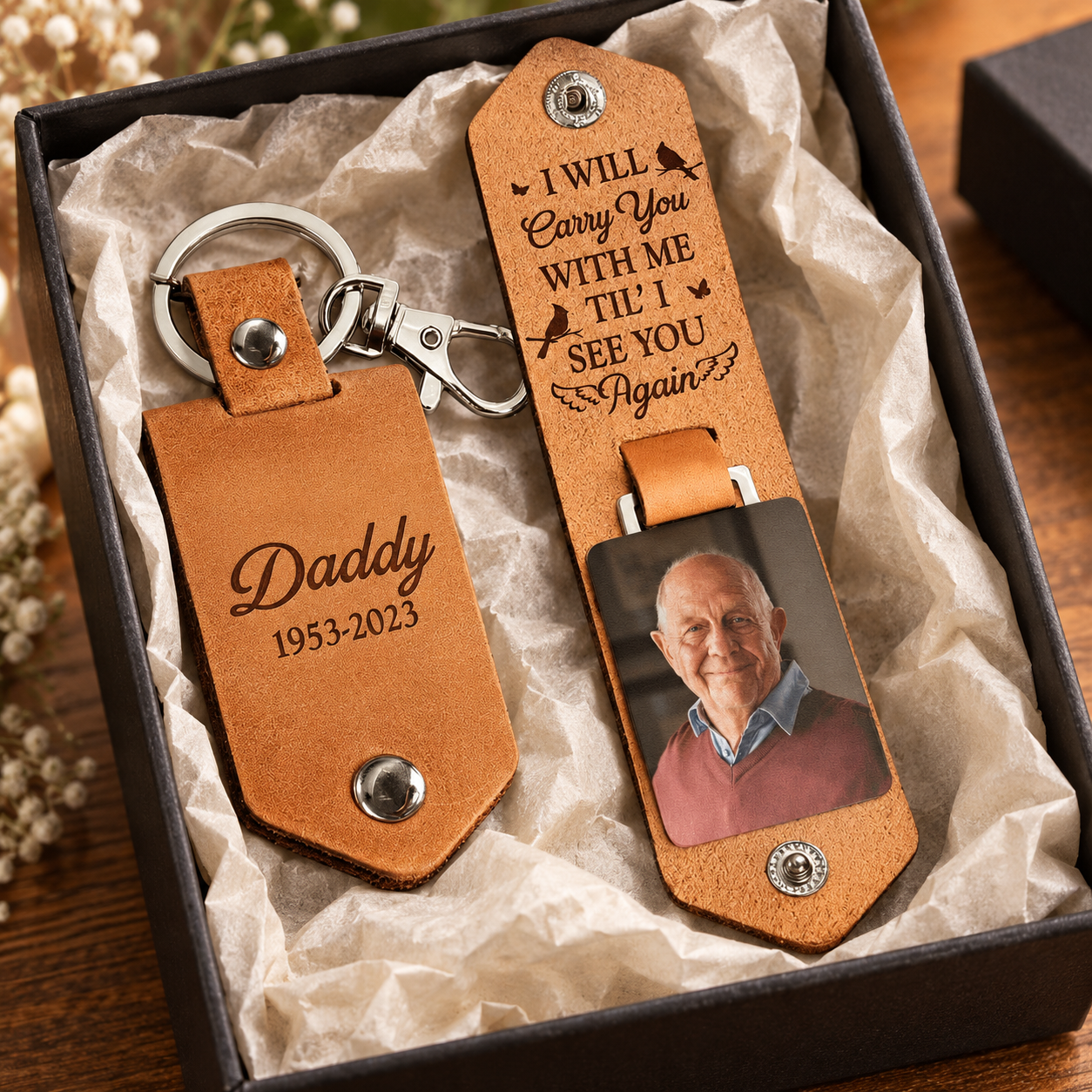 Personalized leather memorial photo keychain in a gift box with tissue paper