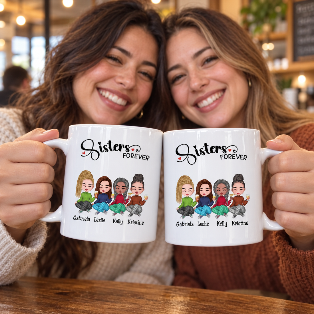 Two sisters toasting with personalized Sisters Forever mugs in a coffee shop